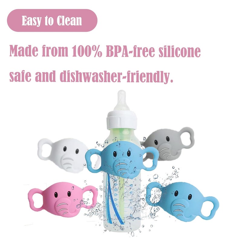 Amitofo 3 Pack Silicone Baby Bottle Handles for Dr. Brown’s Narrow & Wide Baby Bottles Hoder, Elephant Design, Easy Grip Self-Feeding Universal Bottle Handle, BPA-Free, 100% Silicone, White, Gray, Blue - Image 4